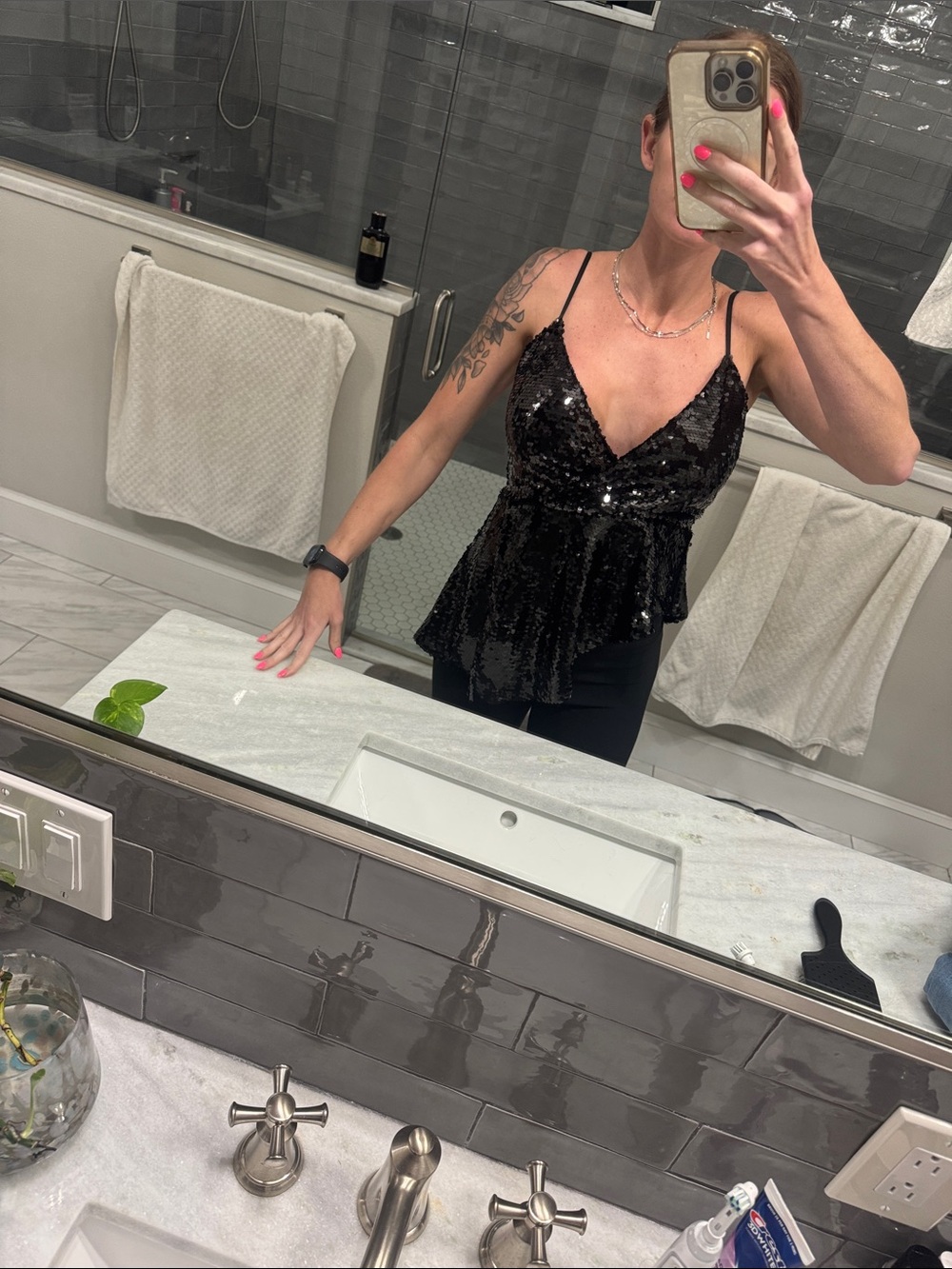 VENUS Black Sequin V-Neck Peplum Cami